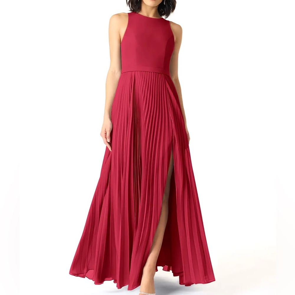 Azazie Red Sleeveless Formal Bridesmaid Prom Dress Pleated Skirt Leg Slit A4